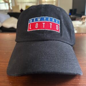 MWOT New York Lotto Black Cap, nice adjustable back strap.